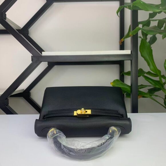 Handmade Genuine Leather Kelly 25 Black Top Handle Bag - Picture 5 of 12